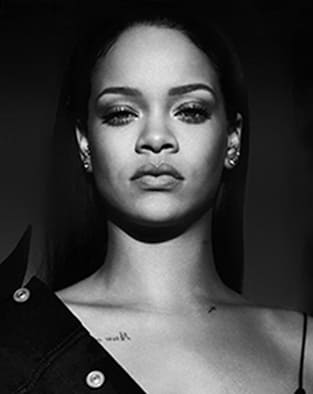 Black and white portrait of Rihanna